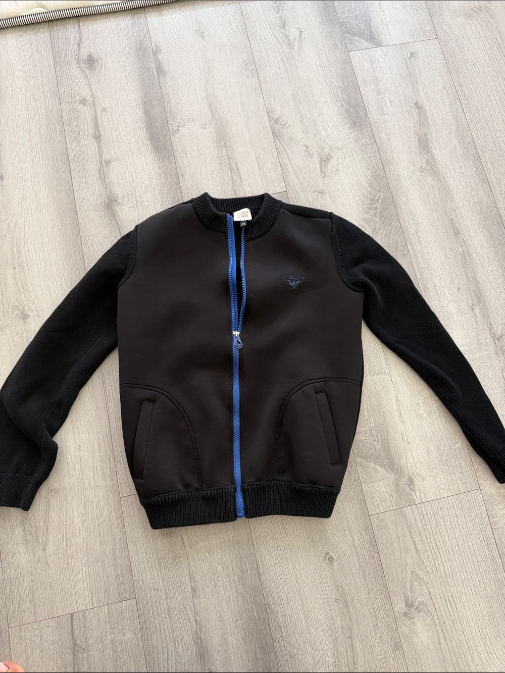 Armani Junior kids Black Zip-Front Jacket with Blue Trim